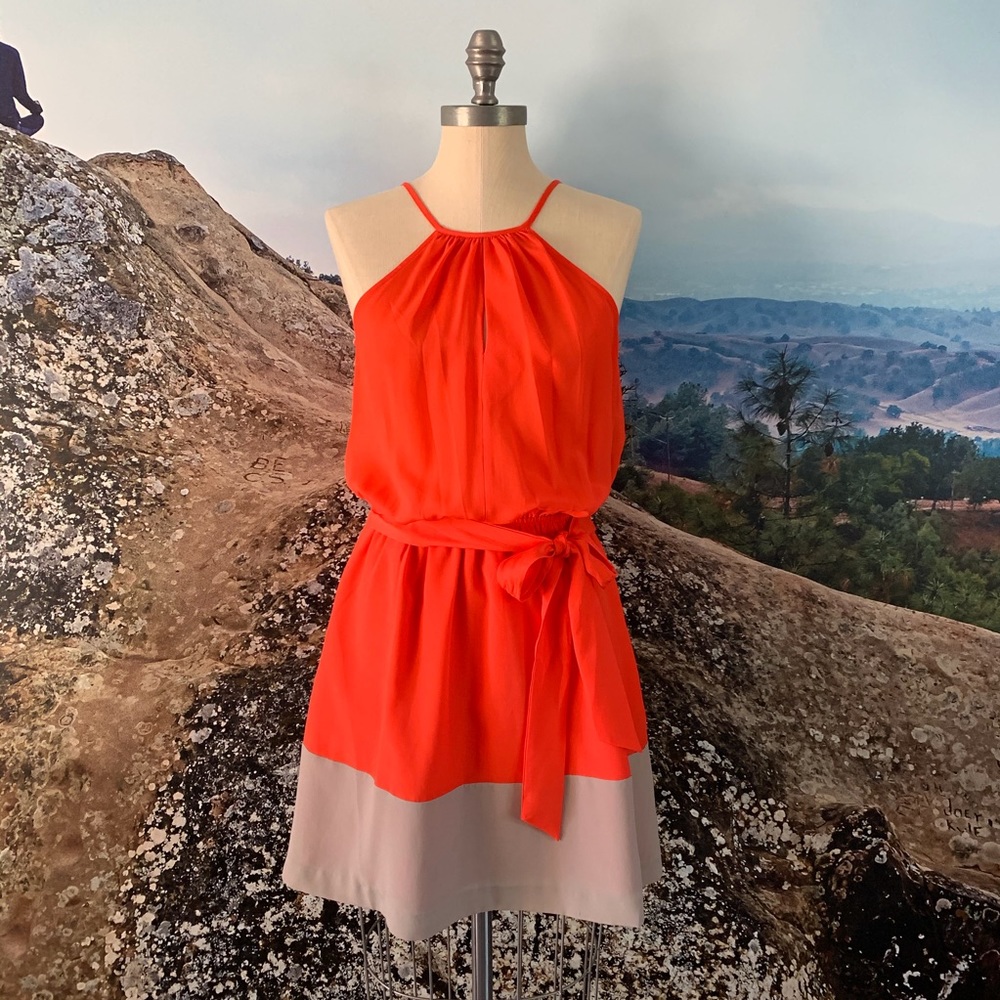 Express Women’s Colorblock Halter Mini Dress Coral & Taupe Size Small